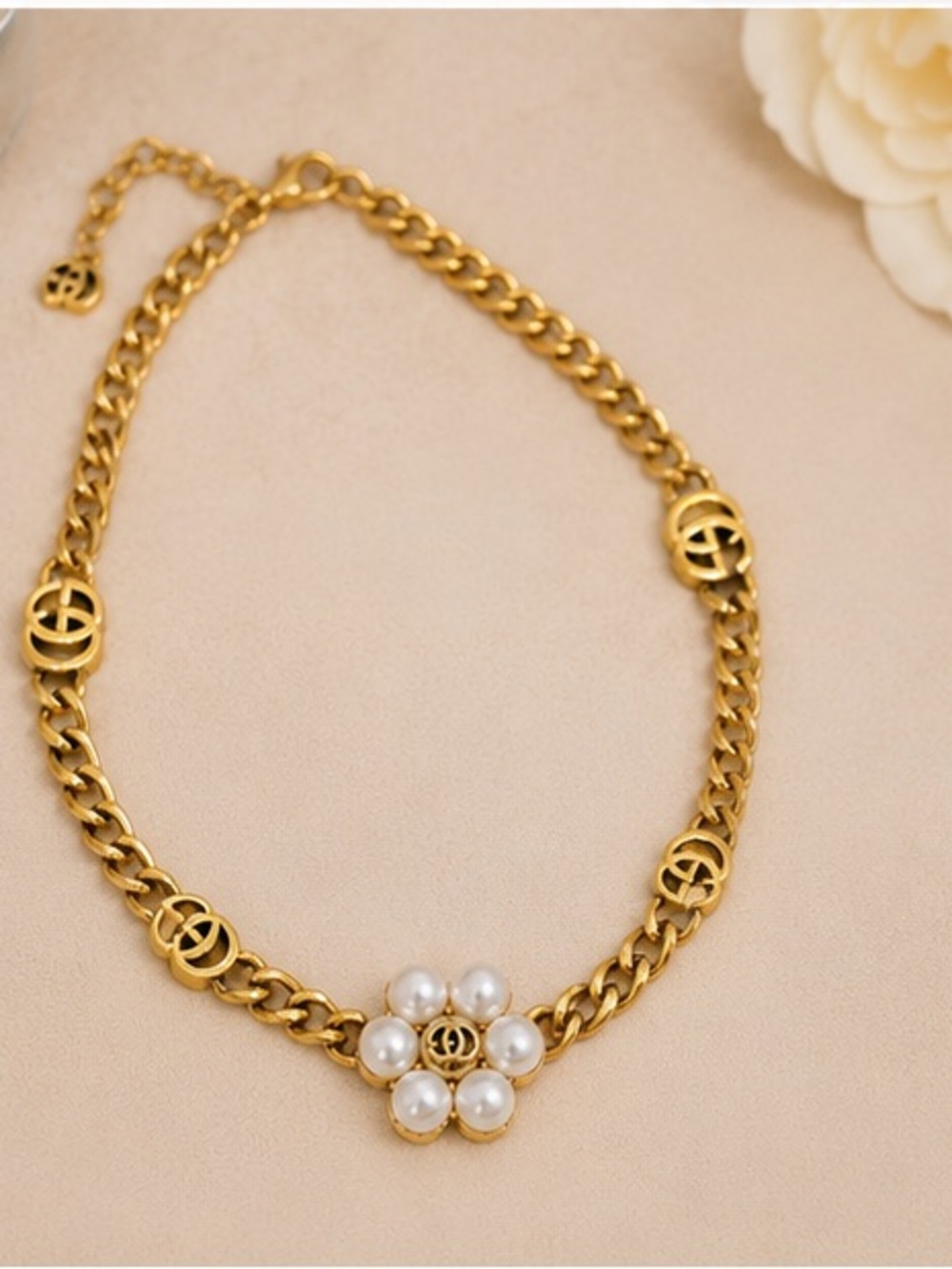 Designer Inspired Gold GG Chain Pearl Flower Statement Necklace